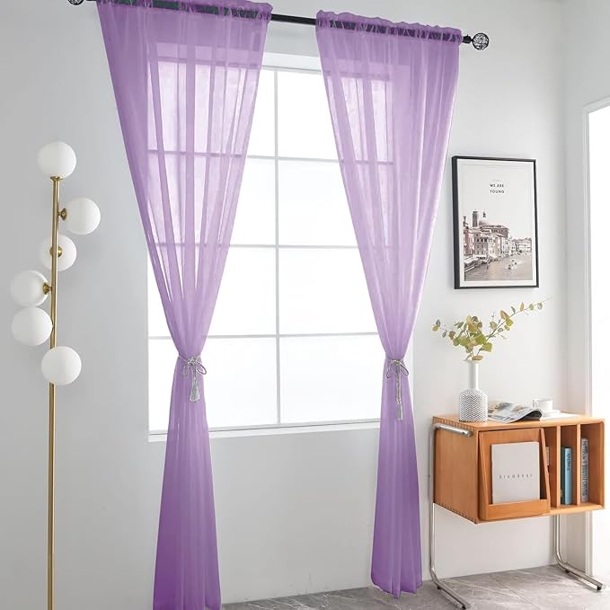 SpaceDresser Sheer Voile Window Treatment Rod Pocket Curtain Panels for Kitchen Bedroom Living Room Drapes Sunlight Filtering Privacy Semi Home Decor Assorted (Lavender, 52 W x 96 L)