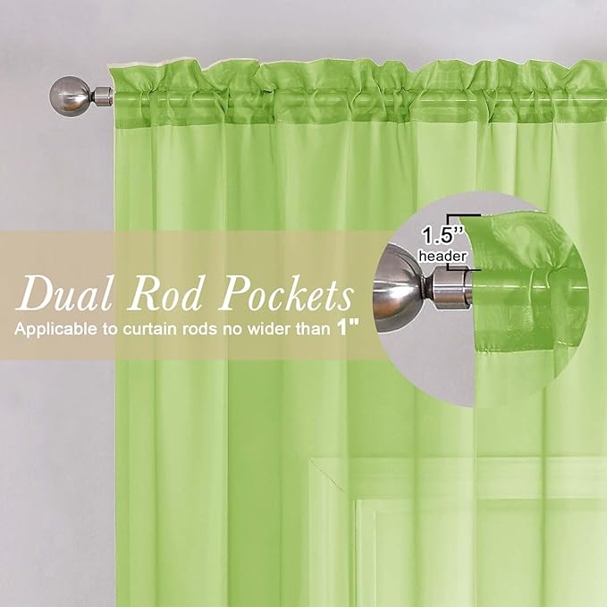 Lecloud Lime Sheer Curtains 84 Inches Long 2 Panels, Solid Voile Light Filtering Long Curtains for Living Room Bedroom, Dual Rod Pockets Transparent Window Treatment Drapes, Each Panel 42" W x 84" L