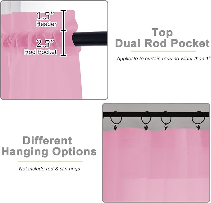 Pink Sheer Curtains for Bedroom Living Room 45 Inch Length 2 Panels, Soft Airy Light Filtering Small Kitchen Window Curtains, Rod Pocket Short Curtain Drapes, Pink, 42" Wx45 L Inches
