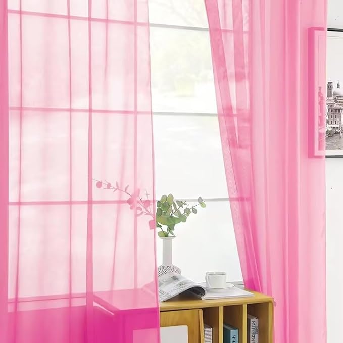 SpaceDresser Basic Rod Pocket Sheer Voile Window Curtain Panels Pink 1 Pair 2 Panels 52 Width 96 Inch Long for Kitchen Bedroom Children Living Room Yard（Pink, 52W x 96L）