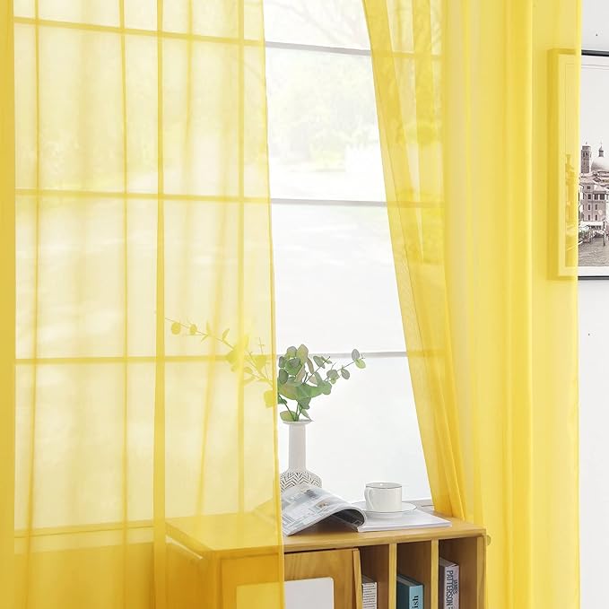youleyar Solid Sheer Rod Pocket Curtain Voile Draperies 2 Panels White Beige Black Grey Coffee 52 Inch Width 84 Inch Long 1 Pair for Kitchen Bedroom Children Living Room Yard (Yellow,52Wｘ84L)