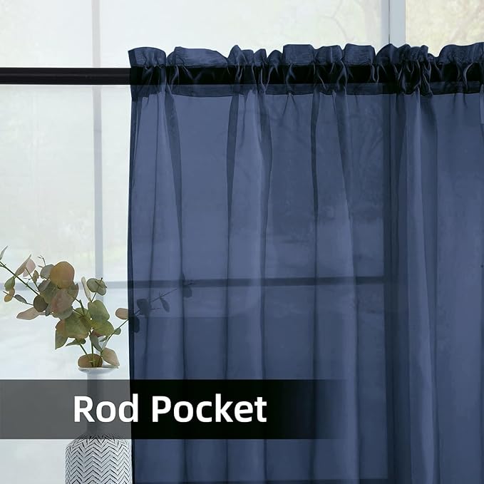 youleyar Solid Sheer Rod Pocket Curtain Voile Draperies 2 Panels White Beige Black Grey Coffee 52 Inch Width 63 Inch Long 1 Pair for Kitchen Bedroom Children Living Room Yard (Navy,52Wｘ63L)