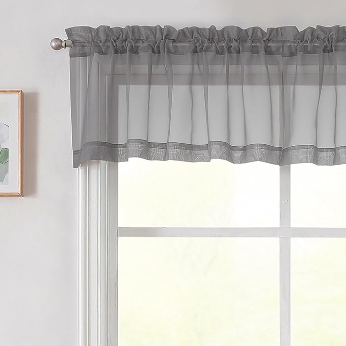 Grey Valances for Windows, Sheer Curtains 14 Inch Length 2 Pack Kitchen Curtain, Modern Solid Mini Small Window Curtains for Cafe Bathroom Basement, Grey, 42" Wx14 L Inch