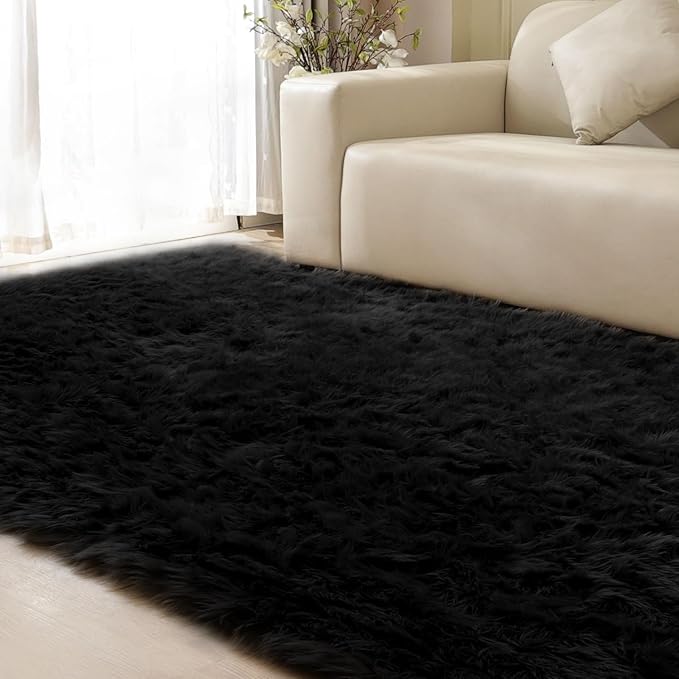 ORINOVA Black Fuzzy Faux Sheepskin Shaggy Fur Rugs for Bedroom Machine Washable Furry Rug 4x6 Area Rugs for Nursery Decor