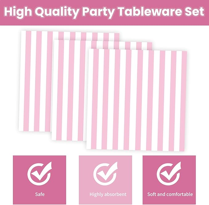 50PCS Pink Striped Paper Plates and Napkins Party Supplies, Pinkand White Scalloped Party Plates and Napkins Tableware Set for Birthday Bridal & Baby Shower Wedding Party Decoration (Pink)