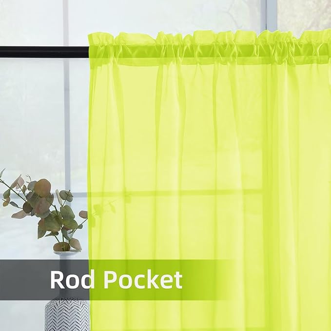 youleyar Solid Sheer Rod Pocket Curtain Voile Draperies 2 Panels White Beige Black Grey Ivory 52 Inch Width 54 Inch Long 1 Pair for Kitchen Bedroom Children Living Room Yard (Chartreuse,52Wｘ54L)