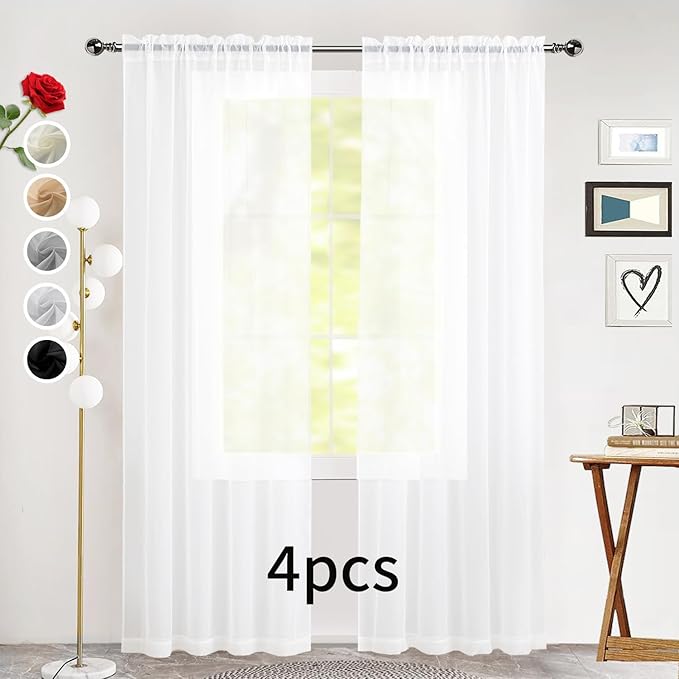 SpaceDresser Sheer White Curtains 4 Panels Rod Pocket Semi-Sheer Curtain 54 Inches Long Light Filtering Voile Window Drapes for Bedroom Living Room Kitchen, Each 52W x 54L
