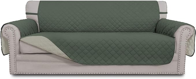 Easy-Going Reversible Couch Cover for 3 Cushion Couch Sofa Cover for Dogs Water Resistant Furniture Protector Cover with Foam Sticks Elastic Straps for Pet Cat (Sofa, Greyish Green/Beige)