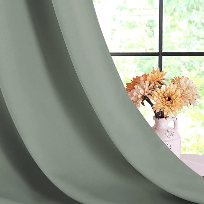 NICETOWN Bedroom Curtain Panels Blackout Draperies, 1 Pair, 42 by 60 inches, Greyish Green, Thermal Insulated Solid Grommet Blackout Curtains/Drapes