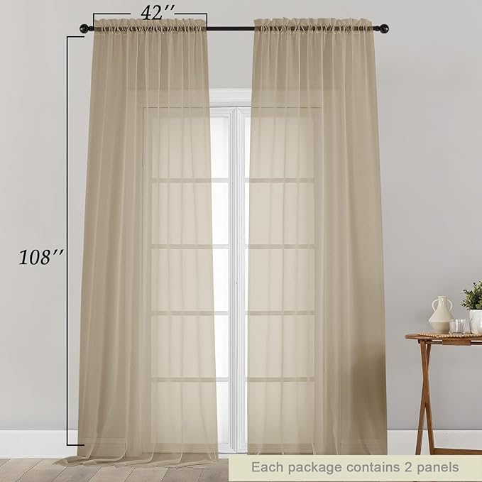 Extra Long Sheer Taupe Curtains for Bedroom Living Room 108 Inches Long 2 Panels Set, Solid Soft Light Filtering Rod Pocket Sheer Window Curtains, Taupe, Each 42" Wx108 L Inch