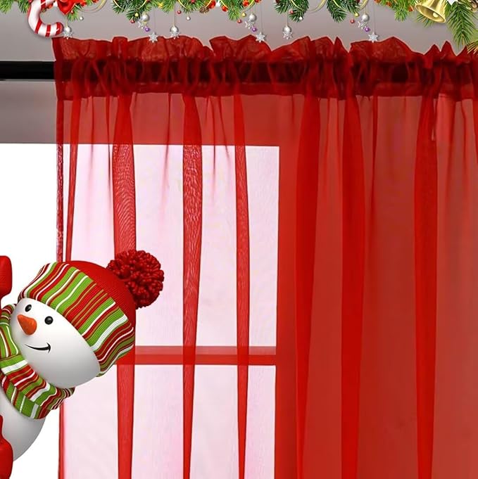 SpaceDresser Basic Rod Pocket Sheer Voile Window Curtain Panels Red 1 Pair 2 Panels 60 Width 108 Inch Long for Kitchen Bedroom Children Living Room Yard（Red, 60W x 108L）