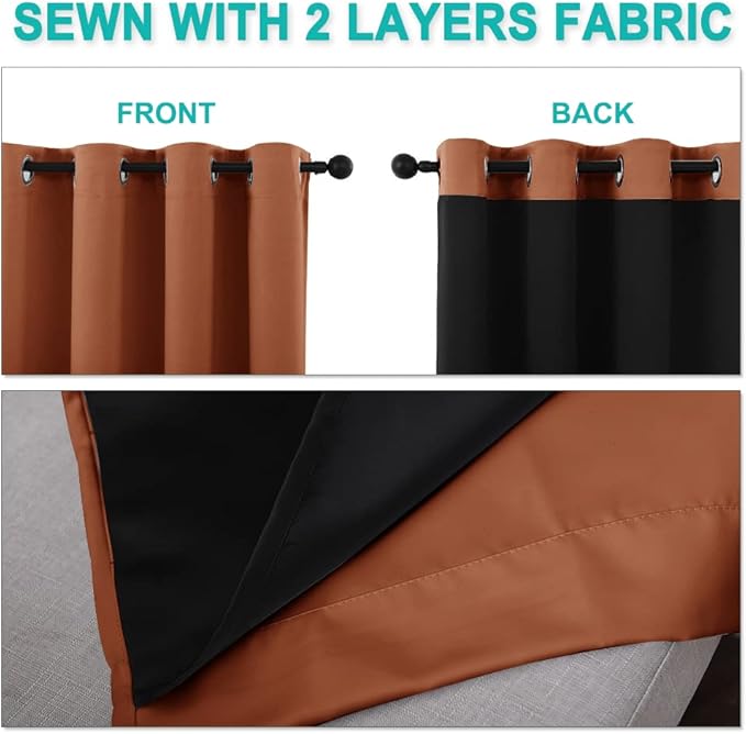 NICETOWN 100% Blackout Window Curtain Panels, Full Light Blocking Drapes with Black Liner for Nursery, 72-inch Drop Thermal Insulated Draperies (Burnt Orange, 2 Pieces, 52-inch Wide Per Panel)