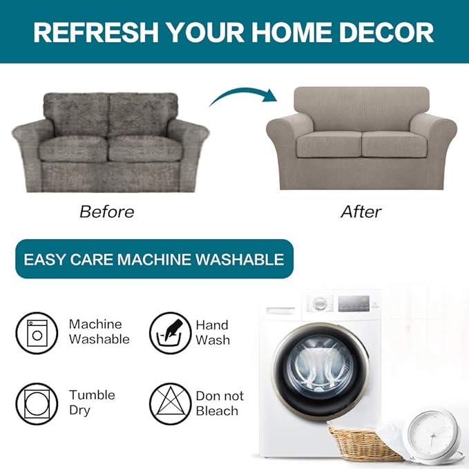 Turquoize 3 Piece Sofa Covers for 2 Cushion Couch Sofa Slipcover Soft Couch Cover for Dogs-Washable Sofa Furniture Covers with 2 Individual Cushion Covers, Thick Jacquard Fabric (Loveseat, Taupe)