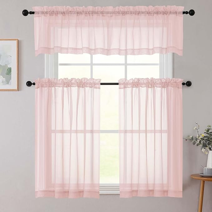 Cafe Curtains 36 Inch Length Tier 2 Pieces, Modern Soft Airy Sheer Kitchen Short Curtains for Small Window, Rod Pocket Small Curtain for Bathroom Basement, Blush, Each, 42" Wx36 L Inches