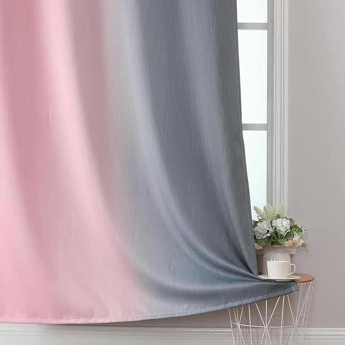 Ombre Pink and Gray Blackout Curtains 96 Inches Long, Full Room Darkening Curtains for Bedroom, Grommet Thermal Insulated Gradient Drapes, Full Light Blocking Curtains 2 Panels,52x96 Inch