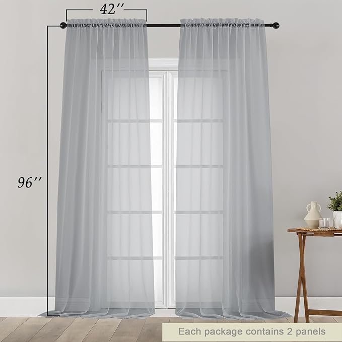 Light Grey Sheer Curtains for Bedroom Living Room 96 Inches Long 2 Panels, Modern Airy Soft Lightweight Rod Pocket Light Filtering Sheer Curtains Drapes, Light Grey, Each 42" Wx96 L Inch