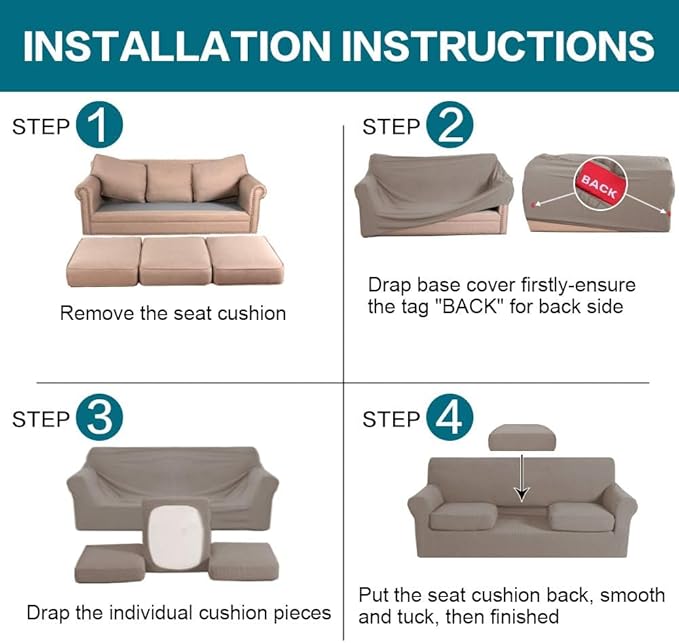 Turquoize 4 Piece Couch Covers for 3 Cushion Couch Sofa Pet Friendly Stretch Couch Cover for Dogs Washable Sofa Covers with Individual Couch Cushion Covers, Jacquard Fabric (3 Cushion Sofa, Taupe)