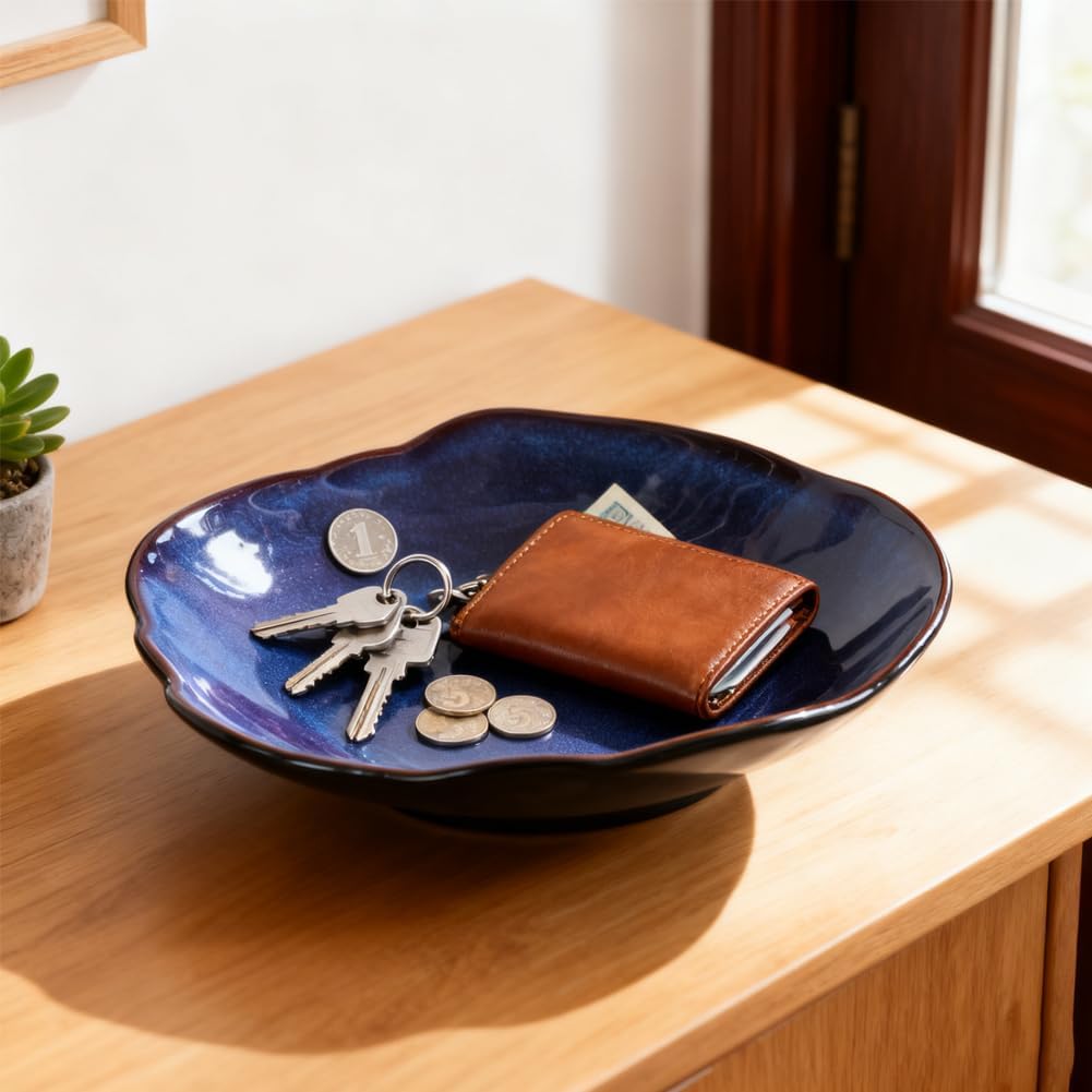 Blue Ceramic Decorative Bowl –8.3" Small Trinket Dish, Fruit Bowl, Candy Dish, Key Bowl for Entryway Table, Jewelry & Ring Dish, Porcelain Catchall Dish for Kitchen, Bedside, Living Room Home Decor
