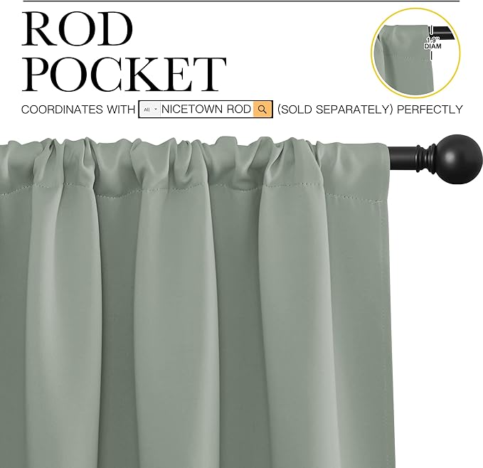 NICETOWN Window Curtains Blackout Drapes - Thermal Insulated Solid Rod Pocket Blackout Curtains/Draperies for Living Room (Greyish Green, One Pair, 34 by 45-Inch)