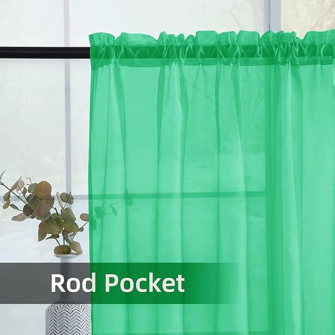 youleyar Solid Sheer Rod Pocket Curtain Voile Draperies 2 Panels White Beige Black Grey Ivory 52 Inch Width 108 Inch Long 1 Pair for Kitchen Bedroom Children Living Room Yard (Grass Green,52Wｘ108L)