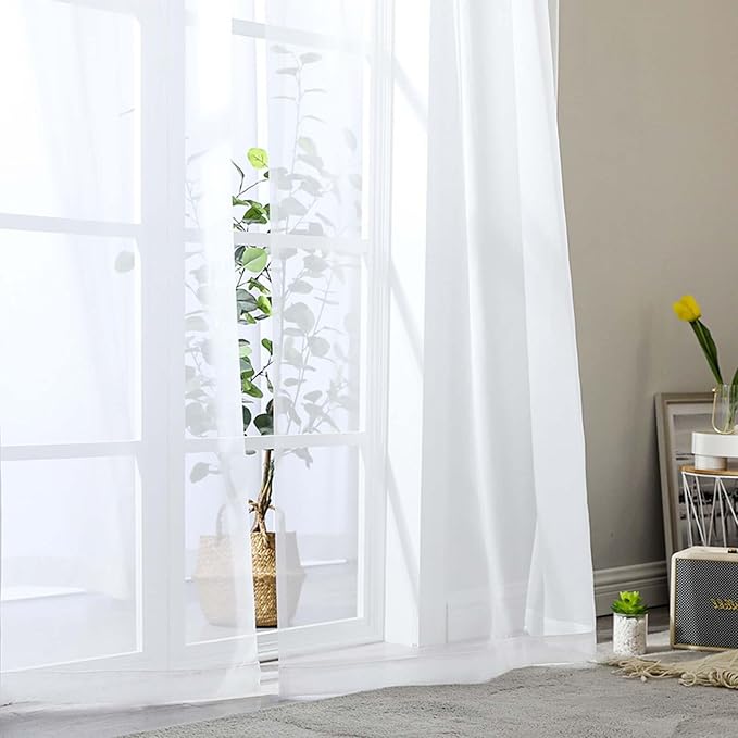 White Sheer Curtains 84 Inches Long 2 Panels Set for Bedroom Living Room, Soft Airy Light Filtering Modern Solid Rod Pocket Drapes Window Treatments, White, Each 42" W x 84" L