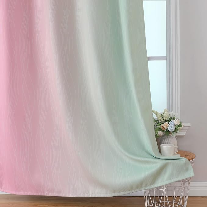 Estelar Textiler Ombre Sage Green and Pink Blackout Curtains 63 Inch Length 2 Panels for Playroom, Gradient Thermal Insulated Full Light Blocking Grommet Blackout Drapes for Kids Room, 52Wx63L