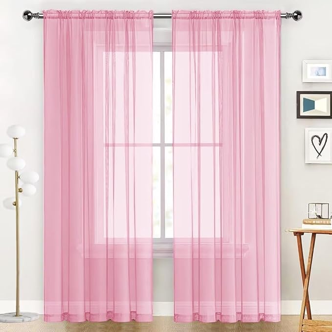 SpaceDresser Sheer Voile Window Treatment Rod Pocket Curtain Panels for Kitchen Bedroom Living Room Drapes Sunlight Filtering Privacy Semi Home Decor Assorted (Light Pink, 52 W x 90 L)
