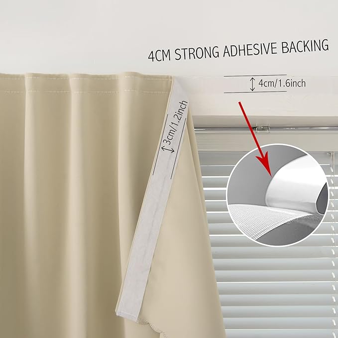 Self Adhesive Portable Blackout Curtains for Bedroom Easy to Install Window Thermal Lnsulated Kitchen Room Darkening Small Window Curtains, 59" W X 96" L, Beige, 1 Panel