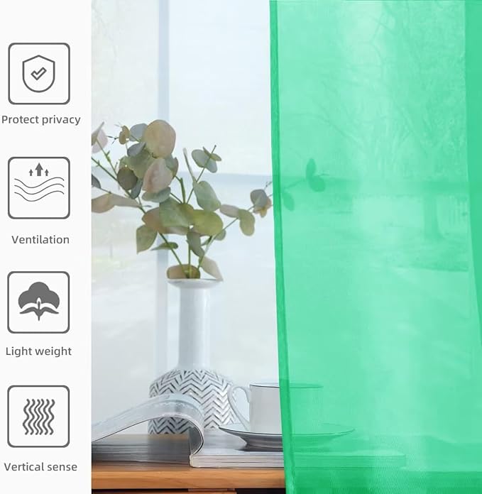 youleyar Solid Sheer Rod Pocket Curtain Voile Draperies 2 Panels White Beige Black Grey Ivory 52 Inch Width 108 Inch Long 1 Pair for Kitchen Bedroom Children Living Room Yard (Grass Green,52Wｘ108L)