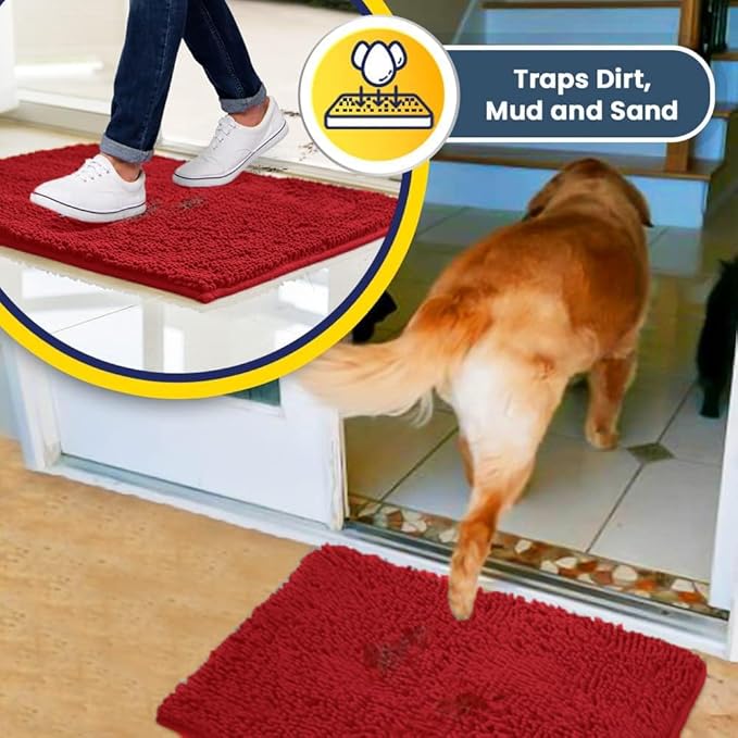 Muddy Mat® | Super Absorbent Door Mat Indoor, Microfiber Quick Dry Chenille Entryway Rug, Non-Slip Front Door Mat, Indoor Mats for Entryway, Machine Washable Pet Rug, Red 6ft x 9ft