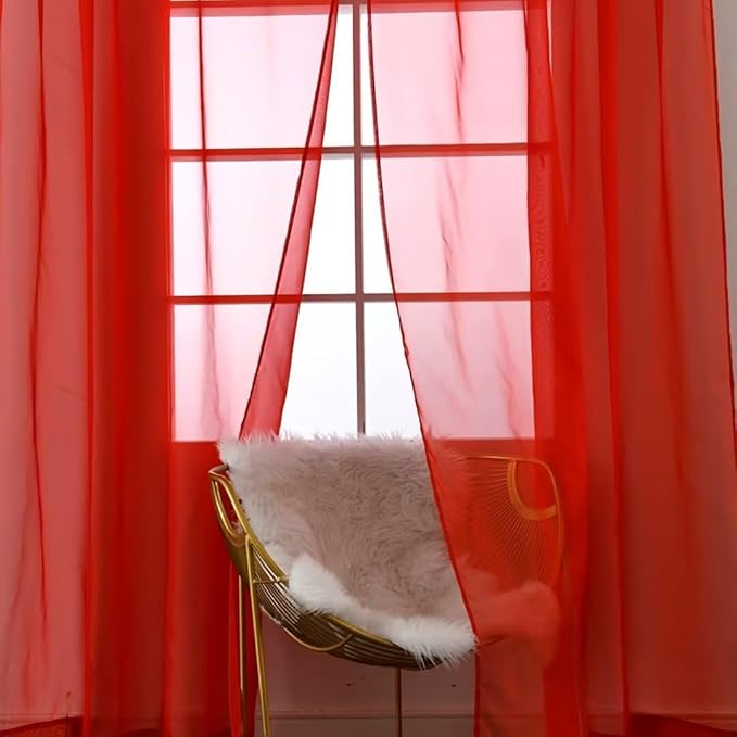 SpaceDresser Sheer Red Curtains 4 Panels Rod Pocket Semi-Sheer Curtain 45 Inches Long Light Filtering Voile Window Drapes for Bedroom Living Room Kitchen, Each 52W x 45L