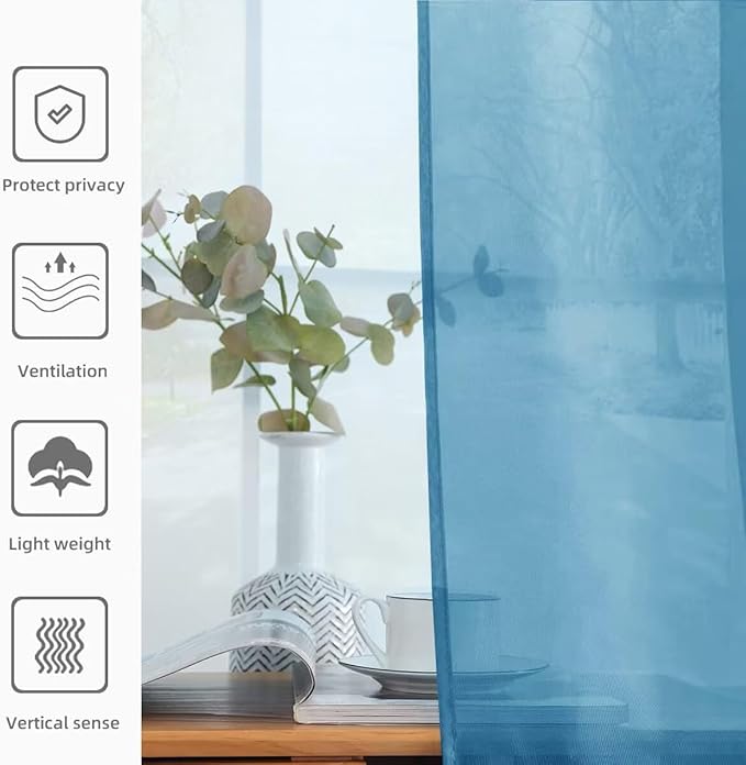 youleyar Solid Sheer Rod Pocket Curtain Voile Draperies 2 Panels White Beige Black Grey Ivory 52 Inch Width 63 Inch Long 1 Pair for Kitchen Bedroom Children Living Room Yard (Blue,52Wｘ63L)