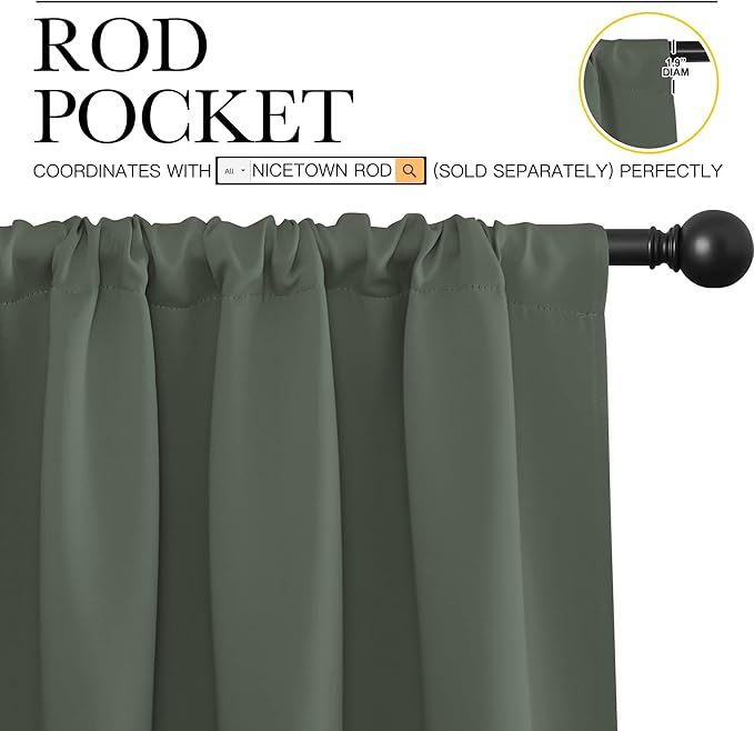 NICETOWN Bedroom Curtains Blackout Draperies - All Season Thermal Insulated Solid Rod Pocket Top Blackout Curtains/Drapes for Kid's Room (Dark Mallard, 1 Pair, 52 x 84 Inch)