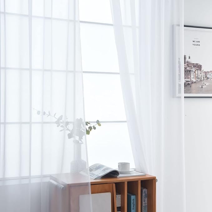 SpaceDresser Basic Rod Pocket Sheer Voile Window Curtain Panels White 1 Pair 2 Panels 38 Width 45 Inch Long for Kitchen Bedroom Children Living Room Yard(White,38 W x 45 L)