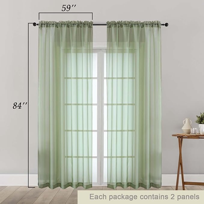 Sage Green Sheer Curtains 84 Inches Long 2 Panels Set for Bedroom Living Room, Soft Airy Light Filtering Modern Solid Rod Pocket Drapes Window Treatments, Each 59" W x 84" L