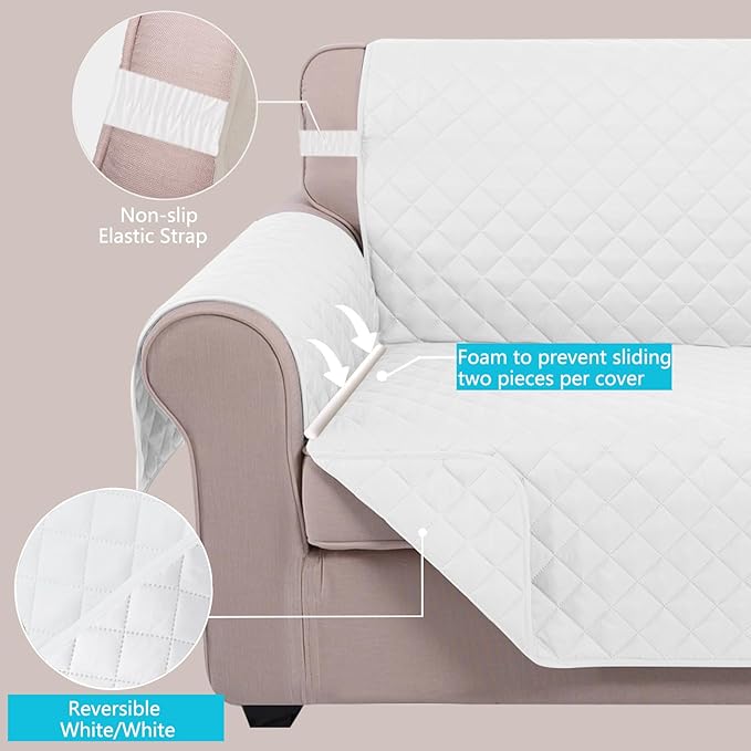 U-NICE HOME 4 Seater Sofa Cover 91 Inch Large Couch Covers for 4 Cushion Couch with Elastic Straps Water Resistant Furniture Protector Cover for Pets Cat (Sofa XX-Large, White/White)