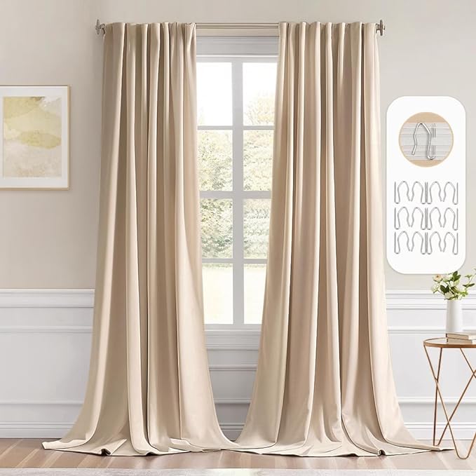 MIULEE Back Tab Beige Curtains 102 Inch Long 2 Panels Set for Living Room Bedroom, Cream Rod Pocket/Pinch Pleated Light Blocking Thermal Insulated Room Darkening Floor to Ceiling Blackout Drapes