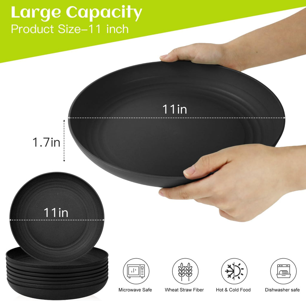 Homienly Wheat Straw Plates Set - 11 inch Reusable Large Dinner Plates Set of 8, Lightweight Unbreakable Salad Plates, Microwave and Dishwasher Safe Plates, Deep Plates for Dinner, Camping - Black