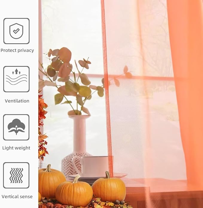 youleyar Solid Sheer Rod Pocket Curtain Voile Draperies 2 Panels White Beige Black Grey Coffee 52 Inch Width 84 Inch Long 1 Pair for Kitchen Bedroom Children Living Room Yard (Orange Red,52Wｘ84L)