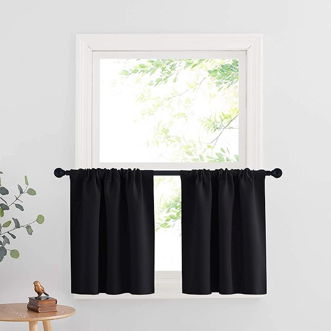 RYB HOME Cafe Blackout Curtains 24 inch Length, RV Curtains for Camper Windows, Mini Short Small Insulating Light UV Heat Blocking Privacy Half Window Tiers, Width 29 by Length 24, Black, 2 Panels
