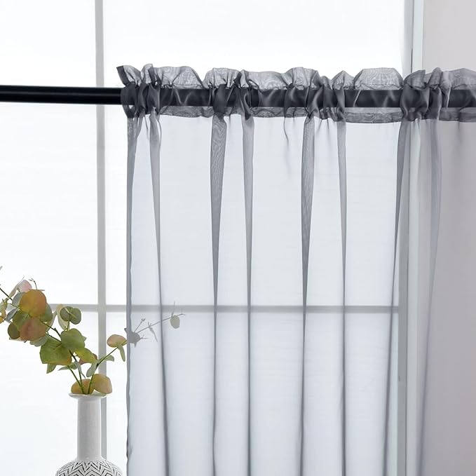 SpaceDresser Grey Sheer Curtains 4 Panels Rod Pocket Semi-Sheer Curtain 45 Inches Long Light Filtering Voile Window Drapes for Bedroom Living Room Kitchen, Each 52W x 45L