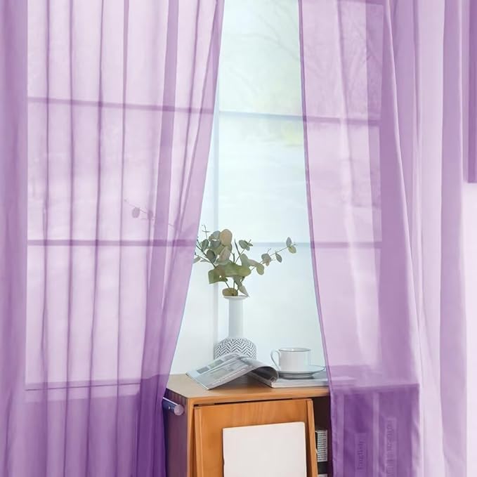 youleyar Solid Sheer Rod Pocket Curtain Voile Draperies 2 Panels White Beige Black Grey Coffee 52 Inch Width 84 Inch Long 1 Pair for Kitchen Bedroom Children Living Room Yard (Lavender,52Wｘ84L)