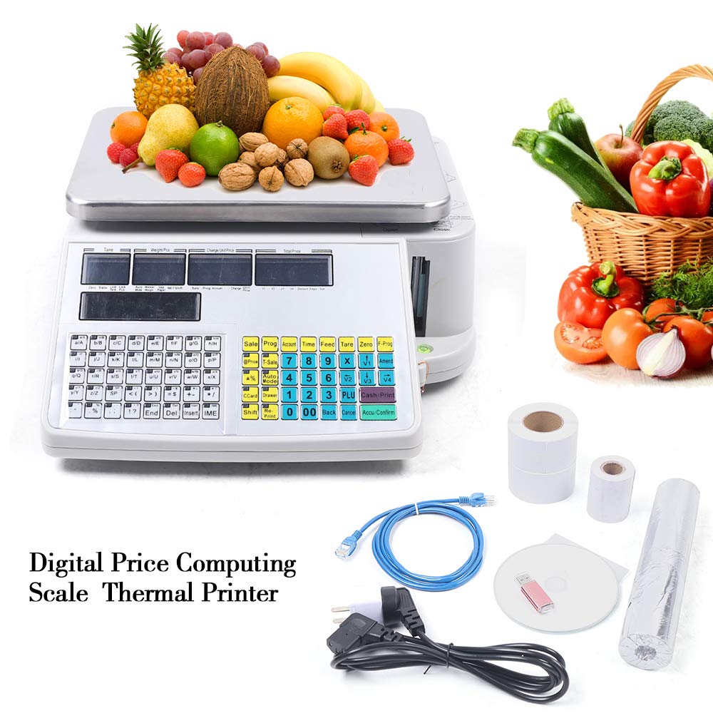 Commercial Digital Price Computing Scale with Thermal Label Printer, Electronic Weight Scale Price Computing Retail Food Meat Scale for Supermarkets, Grocery, 66Lbs Capacity
