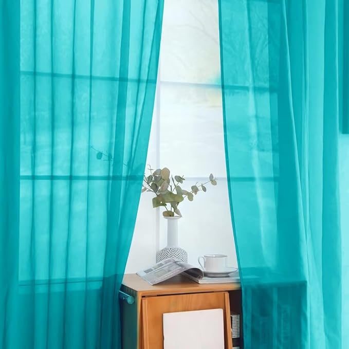 youleyar Solid Sheer Rod Pocket Curtain Voile Draperies 2 Panels White Beige Black Grey Coffee 52 Inch Width 63 Inch Long 1 Pair for Kitchen Bedroom Children Living Room Yard (Peacock Blue,52Wｘ63L)