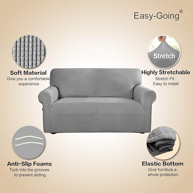 Easy-Going Stretch Oversized Sofa Slipcover 1-Piece Sofa Cover Furniture Protector Couch Soft with Elastic Bottom for Kids, Polyester Spandex Jacquard Fabric Small Checks Light Gray