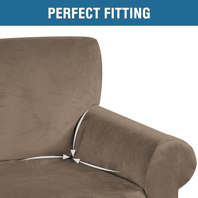 H.VERSAILTEX Stretch Velvet Loveseat Covers for 2 Cushion Couch Covers for Living Room Sofa Covers Slipcovers with Non Slip Straps Bottom, Ultra Thick Comfy Velour (Width 58"-72", Coco Mocha)