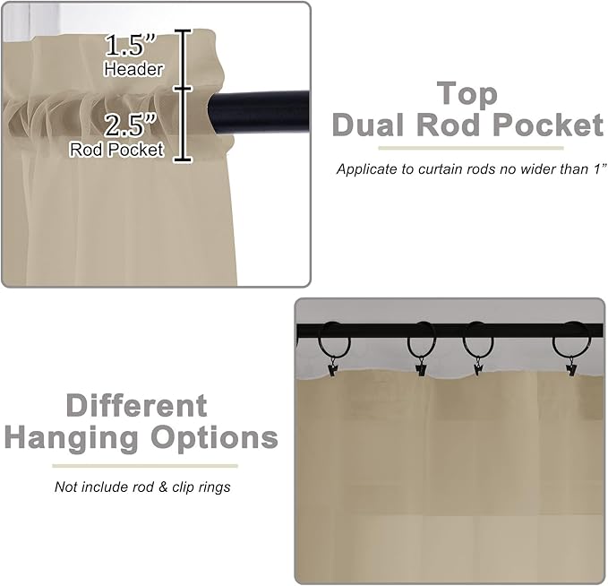 Taupe Sheer Curtain for Bedroom Living Room 72 Inches Long 2 Panels Set, Solid Soft Airy Light Filtering Sheer Window Curtains, Modern Rod Pocket Door Curtain, Taupe, 42" Wx72 L Inches
