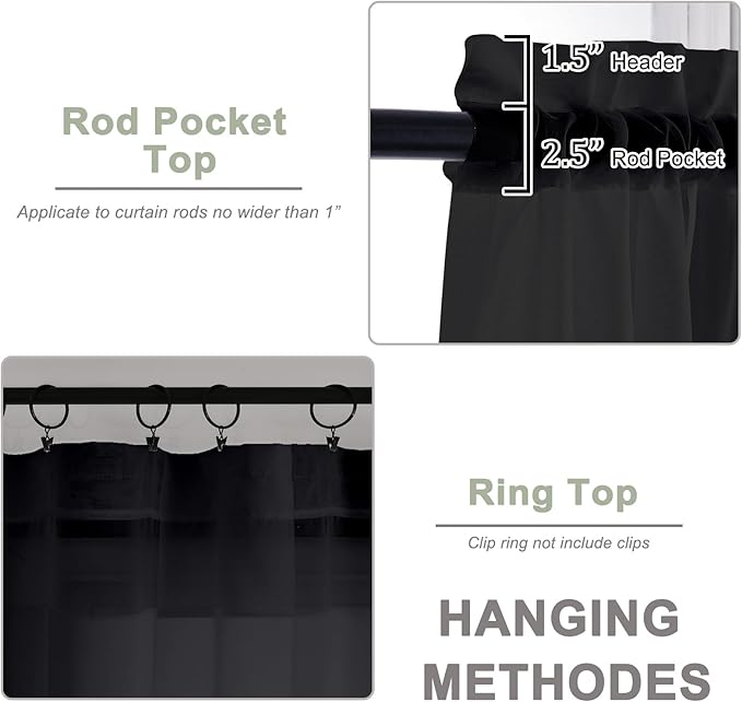 OWENIE Sheer Curtains, Black Sheer Curtains 50 Inch Length 2 Panels Set, Rod Pocket Voile Fimly Sheer Drapes for Living Room Bedroom, 2pcs, Black, Each 42" W x 50" L