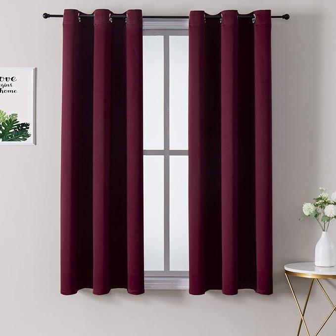 ChrisDowa Small Window Curtains 40 inches Long for Bedroom - Grommet Short Thermal Insulated Room Darkening Curtains for Kitchen (2 Panels, Burgundy, 29 x 40 Inch)