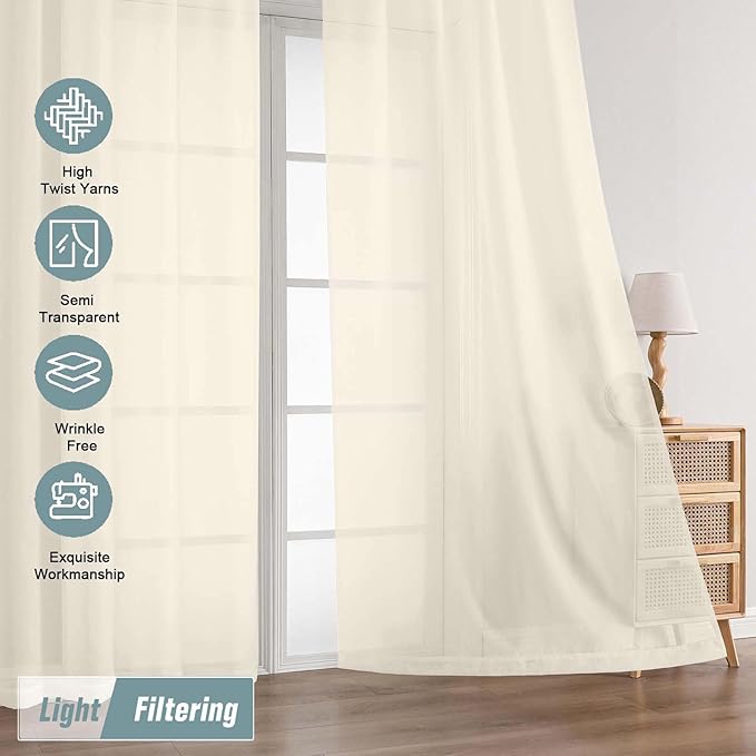 Cream Sheer Curtains 90 Inches Long 2 Panels, Light Filtering Solid Sheer Curtains for Bedroom Living Room, Lightweight Soft Airy Window Voile Sheer Drapes, Dual Rod Pocket, 2x42Wx90L Inches